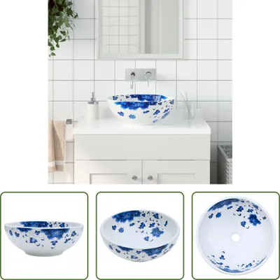 Produktbild von The Living Store Aufsatzwaschbecken Weiß und Blau Rund Ø41x14 cm Keramik