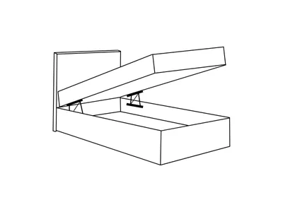 A line drawing of a bed with its storage compartment open.