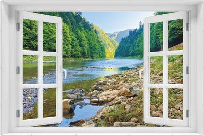 Produktbild von Wallario Wandbild mit Fenster-Illusion: Fluss in den Bergen an steinigem Ufer, Größe: 61 x 91,5 cm, Poster mit rahmenlosen Bildhalter
