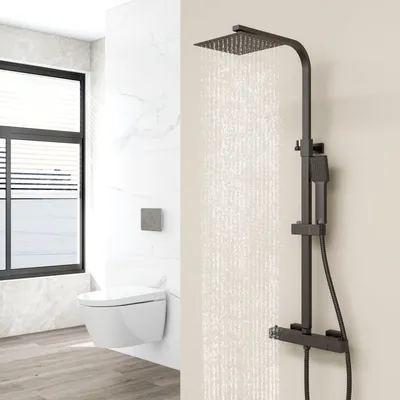 Produktbild von Duschsystem mit Thermostat 38℃ Duscharmatur Schwarz Regendusche Duschset Dusche inkl. Regal verstellbarer Edelstahl Duschstange Duschset