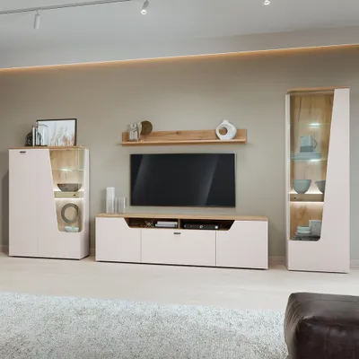 Produktbild von Wohnwand in Kaschmir & Eiche mit Highboard, Wandboard, Lowboard & Vitrine, 4-teilig - CARMONA-129