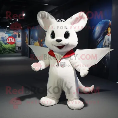 Produktbild von Weiße REDBROKOLY Fledermaus Maskottchen Kostüm figur gekleidet in eine Bootcut jeans und Schnürsenkel