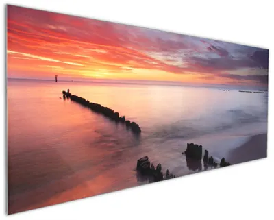Produktbild von Wallario Küchenrückwand aus Glas, Größe: 125 x 50 cm, Motiv: Sandstrand im Sonnenuntergang - Roter Himmel | Spritzschutz | abwischbar | pflegeleicht | in