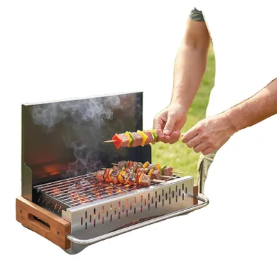 Obrázek produktu pro Skládací gril na dřevěné uhlí, přenosný design, odnímatelná nádoba na uhlí, černá barva