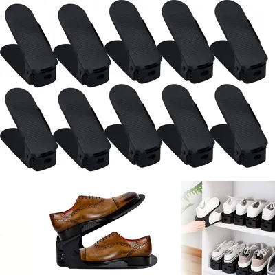A collage of black plastic shoe organizers and a pair of brown leather shoes displayed on a shoe organizer.
