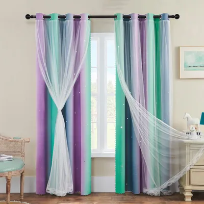 Image de Rideau chambre enfant - Rideaux occultants étoilés - 86 x 183 cm - Violet vert gris