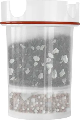 A close-up view of a water filter cartridge with different layers of filtering material.
