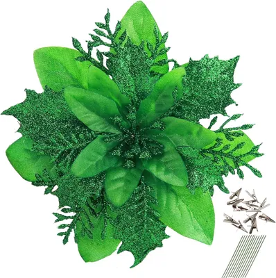 Produktbild von 12 Stück glitzernde Weihnachtssterne, 14 cm, künstliche Blumen, Weihnachten, mit Clips, Stielen, Weihnachtsbaumschmuck für Hochzeit, Party, Kranzdekoration (grün)