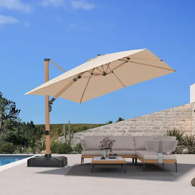 Produktbild von PURPLE LEAF Holzoptik Sonnenschirm 300 x 300 cm Aluminium Ampelschirm mit Kurbel 360° Drehbar Gartenschirm Groß UV Schutz 50+ Wasserabweisend , Beige
