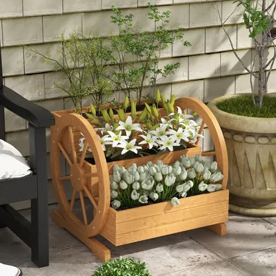Produktbild von Hochbeet 3 Etagen Wagenrad-Dekor, Blumenständer outdoor Holz, Pflanzenregal Tannenholz, Teak | 61 x 62 x 57 cm | 25 kg | wetterfest