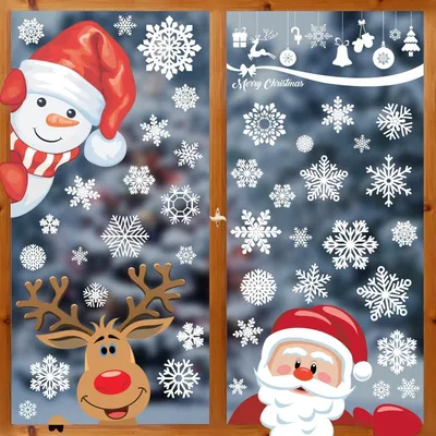 Immagine prodotto di Adesivi per finestre a tema natalizio, 150 pezzi, autoadesivi, in PVC, fronte-retro, con motivi di fiocchi di neve e Babbo Natale