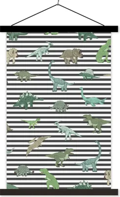 Produktbild von MuchoWow® Textilposter Kinderzimmer - Schwarz - Dinosaurier - Jungen - Mädchen - Kinder 60x90 cm mit schwarzem Rahmen - Poster Wohnzimmer