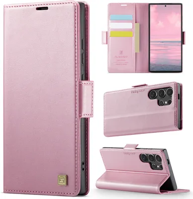 Image de Étui en cuir pour Samsung Galaxy S25 Ultra, protection RFID, fermeture magnétique, fentes pour cartes et support Rose