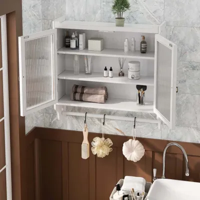 Immagine prodotto di Armadio a muro AIORBER, con anta in vetro, 3 vani portaoggetti, con ganci e guide, robusto e durevole, in legno naturale, per cucina, bagno, 63x60x18cm, bianco