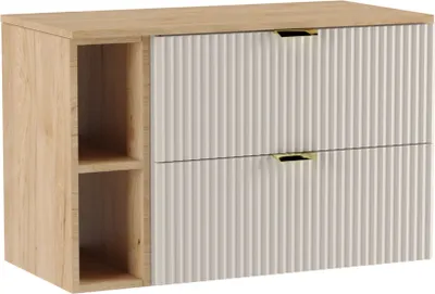 A modern bathroom vanity cabinet with two fluted drawers and an open shelving unit.