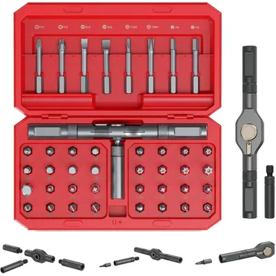 Productafbeelding van Ratelschroevendraaierset, 42-delig, met 40 S2 bits, magnetisch, kleurgecodeerd, rood