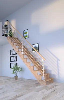 Produktbild von Holztreppe Lindos (Eiche) in gerader Ausführung-100 cm-Design Geländer Holzrundstäbe-ohne Setzstufen