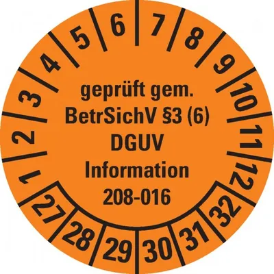 Produktbild von Dreifke® Prüfplakette gepr.gem.BetrSichV §3(6)DGUV,27-32,orange,Dokufolie,Ø 3...