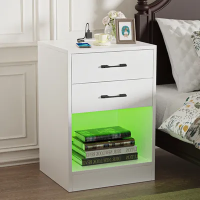 Image de Table de nuit avec éclairage LED avec 2 tiroirs 60x40x35cm blanc