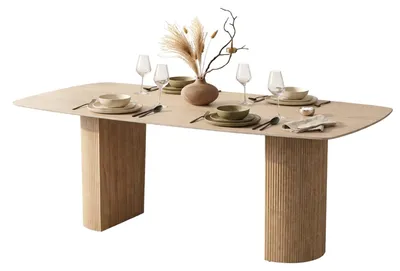Produktbild von HOOZ Esstisch Set Keramik Traventin-Optik – kratzfest & hitzebeständig – Wohnzimmertisch 180×90 cm – modernes Säulengestell in Metall