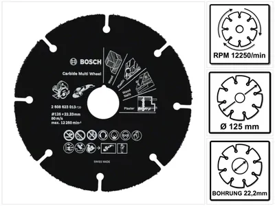 Zdjęcie produktu dla BOSCH 2608623013 BOSCH Trennscheibe Carbide Multi Wheel für Holz, Holz mit Nägeln, Kunststoff, Kupfer, Trockenbauwände