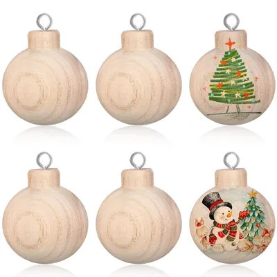 6 Holzkugeln zum Bemalen, Weihnachtsbaum-Anhänger, DIY-Bastelset, natur