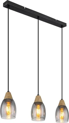 Produktbild von Hängelampe, Metall, Holzoptik, Glas rauchfarben, L 55 cm