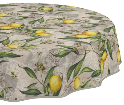 Produktbild von Tischdecke 100x100cm Rund Grau abwaschbar Madrid Stoff Premium Mediterran Zitrone mit Saumkante