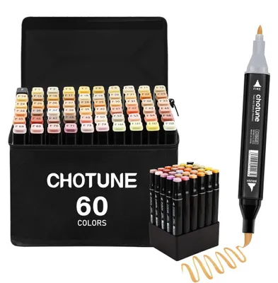 Imagen del producto de Juego de rotuladores de alcohol, 60 colores, de doble punta con pincel y punta fina, para dibujar