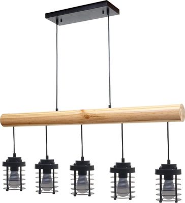 Pendelleuchte MCW-H83, Hängelampe Hängeleuchte, Industrial Vintage Massiv-Holz Metall schwarz  5 Käfiglampenschirme