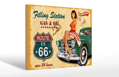 Produktbild von Holzschild Pinup 30x20cm Retro Gas Oil open 24 hours