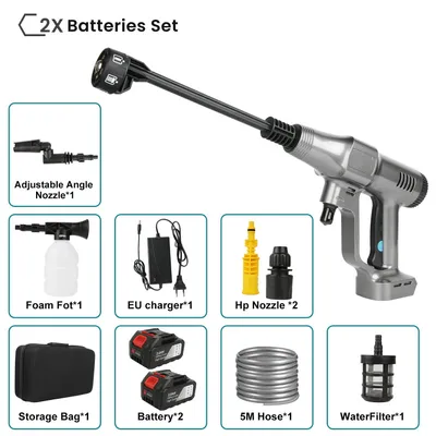 Image de Nettoyeur haute pression sans fil pour voiture et jardin - 200 bars - 6 en 1 - 2 batteries - Tuyau de 5 à 10 mètres - Gris