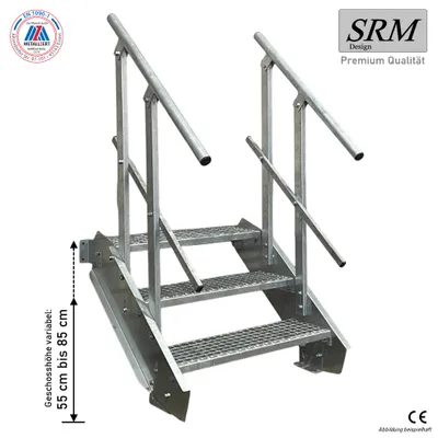 A metal staircase with handrails against a white background.