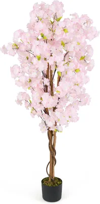 Zdjęcie produktu dla 2er-1,5 m wysokości sztuczna wiśnia, sztuczna roślina sakura z różowymi kwiatami wiśni wykonanymi z tkaniny, pień z litego drewna i realistyczny mech, roślina doniczkowa