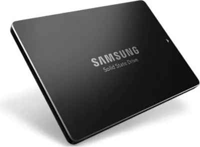 A black Samsung Solid State Drive is shown at an angle on a white background.