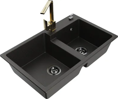 Produktbild von Mexen Tomas 2-Becken-Granitspüle mit Mischbatterie Rita, Schwarz/Gold metallisch - 6516-75-670300-50-B