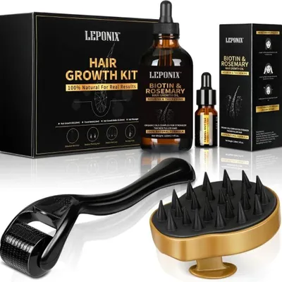 Produktbild von M3 Haarpflege-Set für Haar- & Bartwachstum mit Rosmarinöl, Dermaroller 0,25mm, Kopfhaut-Massagebürste, 3 Teile, alle Haartypen, Männer & Frauen