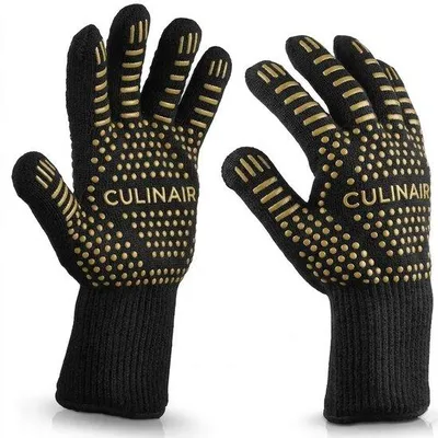 Immagine prodotto di Unyqoos® CULI-N-AIR: Guanti premium per barbecue e forno – resistenti al calore fino a 500°C, polsino extra lungo, antiscivolo in silicone, imbottitura in cotone, confezione da 1 paio, colore nero/oro, taglia unica