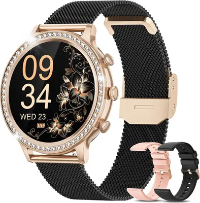 Produktbild von Smartwatch Damen mit Telefonfunktion Fitnessuhr Tracker HD Touchscreen 24/7 Pulsuhr Menstruationszyklus IP68 Wasserdicht Sportuhr,Schwarzgold