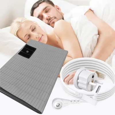 Produktbild von Erdungsbettlaken Erdungslaken Erdungsmatte mit EU Erdungskabel Spannbettlaken Baumwolle Silberfase Erdungsblech für besseren Schlaf 68x132cm Grau