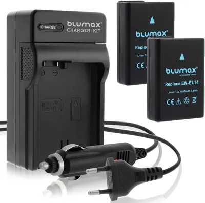 Produktbild von 2x Akku + Lader für Nikon EN-EL14 D3300  D5300 D5500 D5600  P7800 1050 mAh