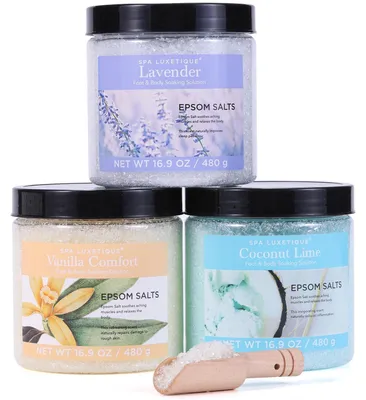 Immagine prodotto di Set regalo di sali da bagno con 3 oli essenziali (confezione da 3 unità da 480g ciascuna): vaniglia, lavanda, cocco