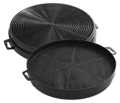 A black circular activated carbon filter for a range hood, shown from a slightly elevated angle. The filter is composed of two parts: a top grate and a bottom filter base.