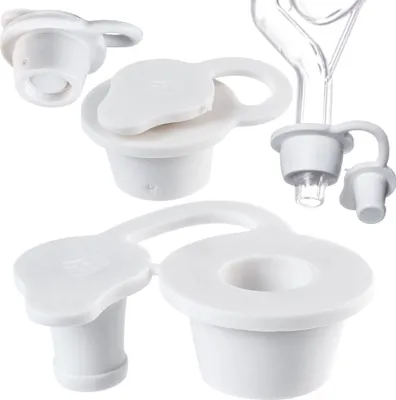A collage of white rubber stoppers with attached caps, some with a loop handle, and one shown attached to a glass tube.