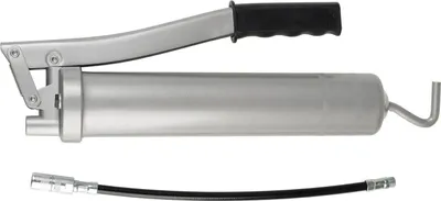 A grease gun and its flexible hose attachment are shown against a white background.