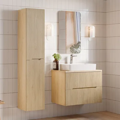 Produktbild von Badmöbel-Set 3-teilig mit Waschtisch 80 cm und LED-Spiegel, in Eiche mit gerillter Front - NARPIO-56
