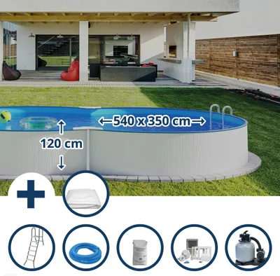Produktbild von Stahlwandpool Set (6-teilig) halbhoch achtform 540x350x120 cm, Stahl 0,4 mm weiß Folie 0,4 mm blau