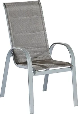 A single outdoor chair on a white background.