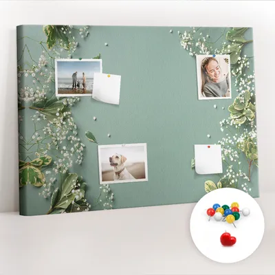Obrázek produktu pro Korková nástěnka s kolíčky - Tabule s kolíky pro fotografie a poznámky - 100x70 cm - Připínáčky barevné 100 kusů - Jemné květiny