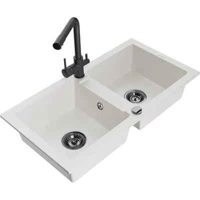 Zdjęcie produktu dla Mexen Mario zlewozmywak granitowy 2-komorowy z baterią kuchenną Duero, biały - 6504-20-671600-70